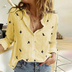 Elantra | Women's Bird Print Button-Up Shirt – Linen Long Sleeve Blouse