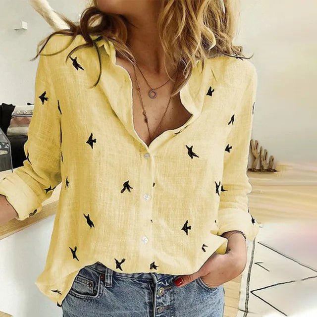 Elantra | Women's Bird Print Button-Up Shirt – Linen Long Sleeve Blouse