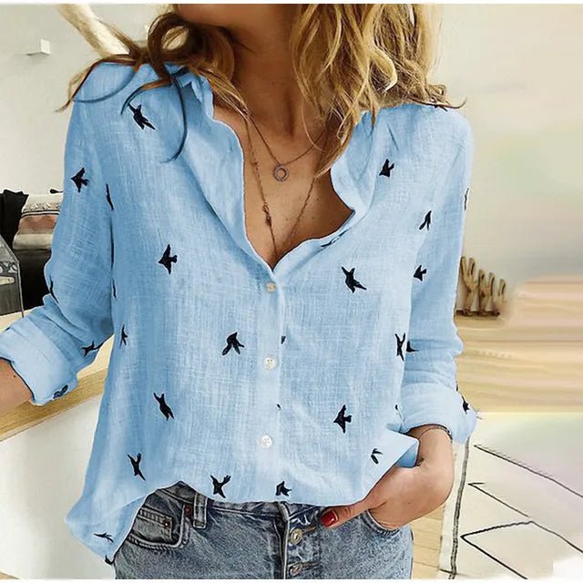 Elantra | Women's Bird Print Button-Up Shirt – Linen Long Sleeve Blouse