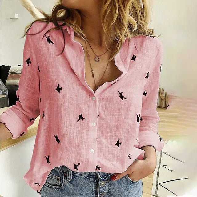 Elantra | Women's Bird Print Button-Up Shirt – Linen Long Sleeve Blouse