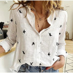 Elantra | Women's Bird Print Button-Up Shirt – Linen Long Sleeve Blouse