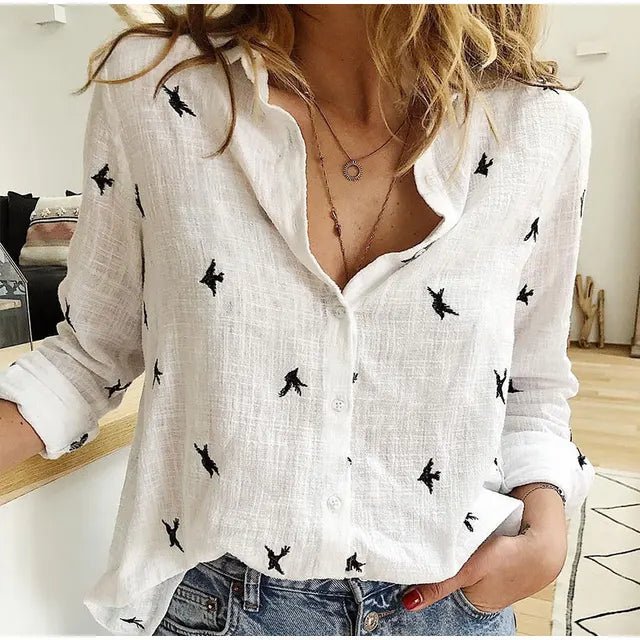 Elantra | Women's Bird Print Button-Up Shirt – Linen Long Sleeve Blouse