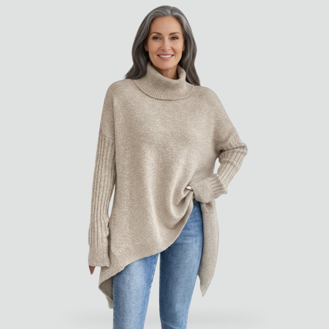 Noémie – Pulover de damă casual, cu tiv asimetric și guler înalt, confortabil