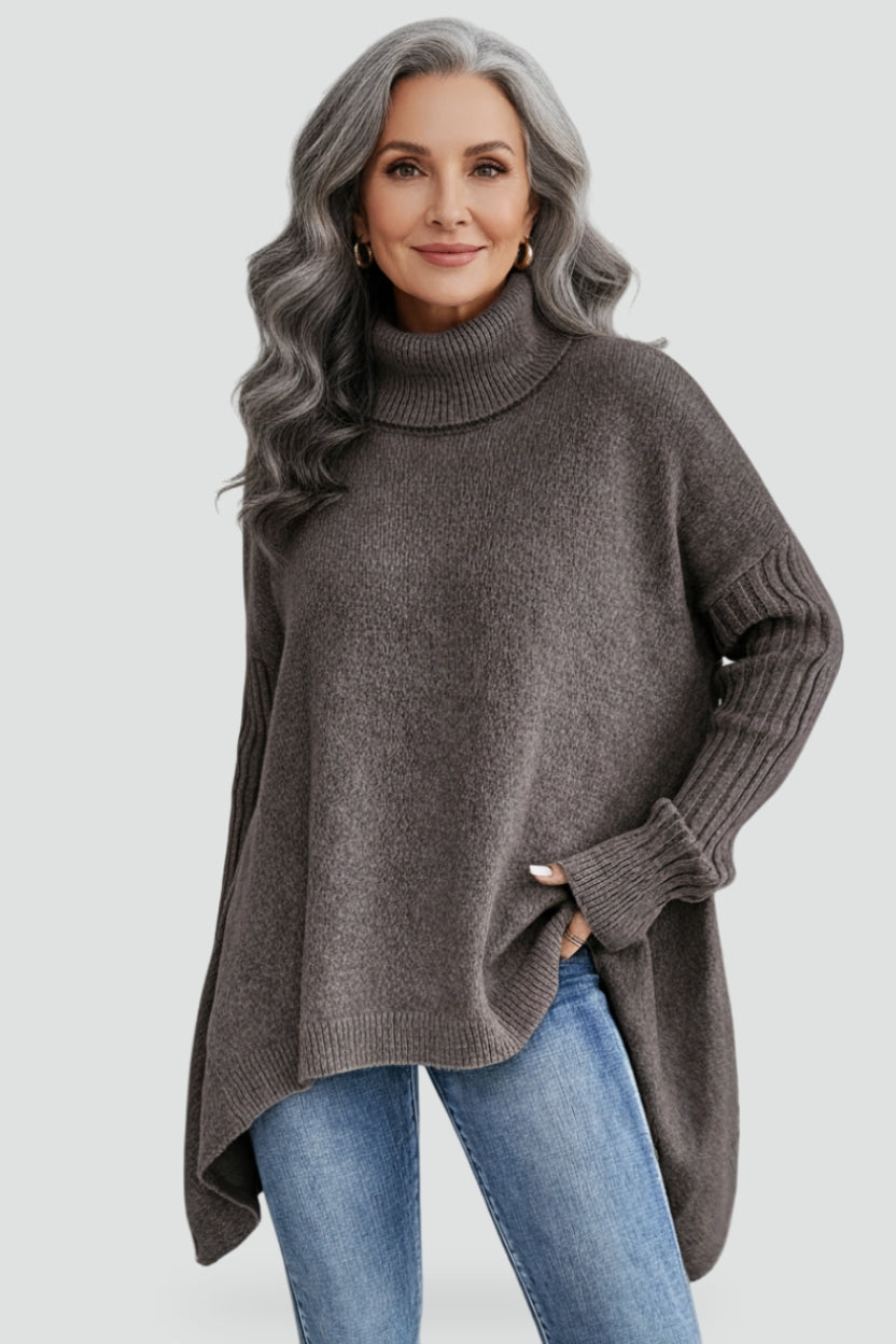 Noémie – Pulover de damă casual, cu tiv asimetric și guler înalt, confortabil