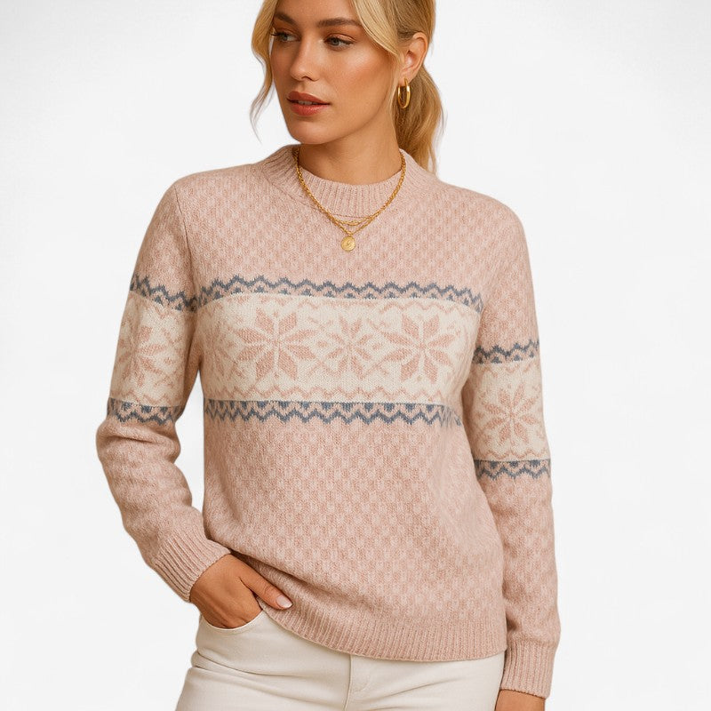 Klara – Pulover de damă cu guler înalt, tricotat, cu model de fulgi de zăpadă, casual