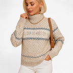 Klara – Pulover de damă cu guler înalt, tricotat, cu model de fulgi de zăpadă, casual
