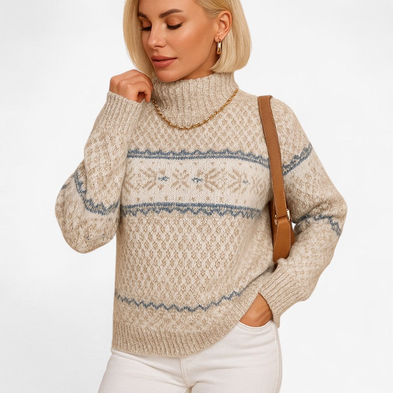 Klara – Pulover de damă cu guler înalt, tricotat, cu model de fulgi de zăpadă, casual