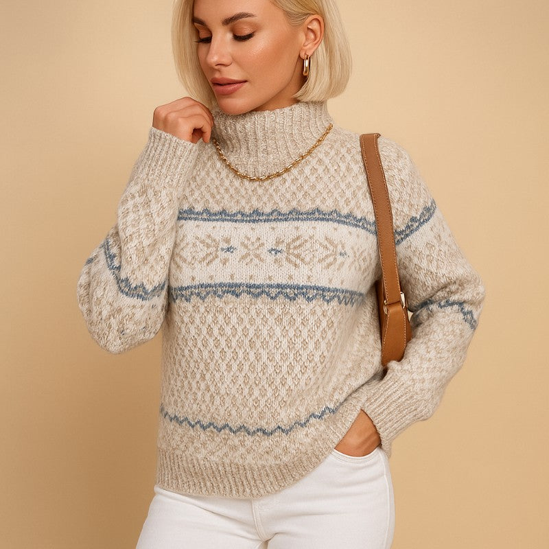 Klara – Pulover de damă cu guler înalt, tricotat, cu model de fulgi de zăpadă, casual