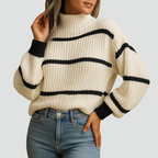 Livia – Damski Prążkowany Golf Casual w Paski z Kontrastowymi Mankietami