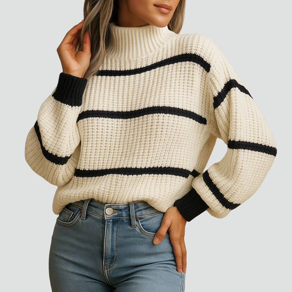 Livia – Damski Prążkowany Golf Casual w Paski z Kontrastowymi Mankietami
