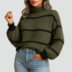 Livia – Damski Prążkowany Golf Casual w Paski z Kontrastowymi Mankietami