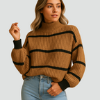 Livia – Damski Prążkowany Golf Casual w Paski z Kontrastowymi Mankietami