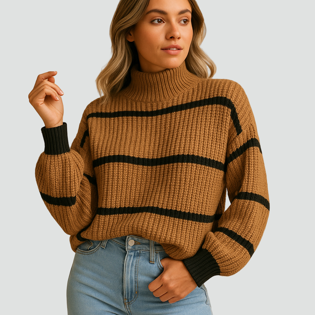 Livia – Damski Prążkowany Golf Casual w Paski z Kontrastowymi Mankietami