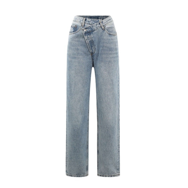 Nina – Damskie Jeansy Wide Leg Casual z Asymetrycznym Pasem Wygodne