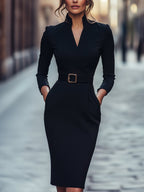 Sybilla – Elegancka Sukienka Midi z Paskiem i Długim Rękawem Damska