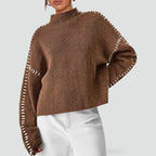 Emilia – Damski Oversized Sweter Casual z Kontrastowym Wykończeniem i Dekoltem w Serek