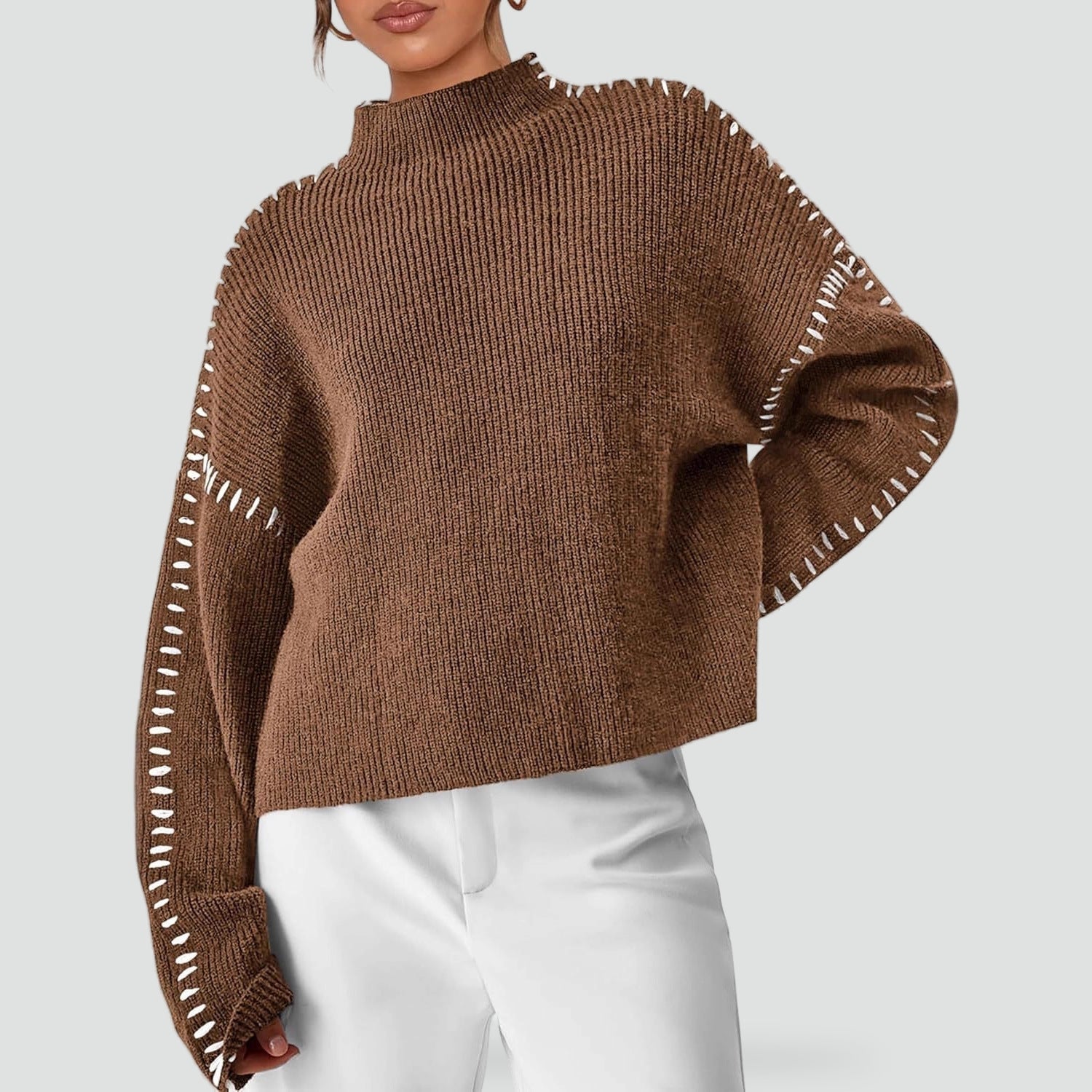 Emilia – Damski Oversized Sweter Casual z Kontrastowym Wykończeniem i Dekoltem w Serek