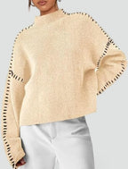 Emilia – Damski Oversized Sweter Casual z Kontrastowym Wykończeniem i Dekoltem w Serek