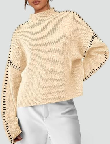 Emilia – Damski Oversized Sweter Casual z Kontrastowym Wykończeniem i Dekoltem w Serek