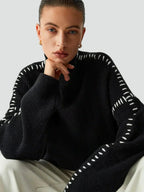Emilia – Damski Oversized Sweter Casual z Kontrastowym Wykończeniem i Dekoltem w Serek
