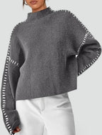 Emilia – Damski Oversized Sweter Casual z Kontrastowym Wykończeniem i Dekoltem w Serek