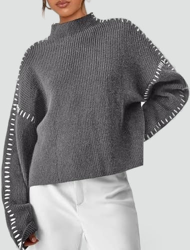 Emilia – Damski Oversized Sweter Casual z Kontrastowym Wykończeniem i Dekoltem w Serek