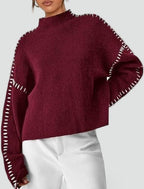 Emilia – Damski Oversized Sweter Casual z Kontrastowym Wykończeniem i Dekoltem w Serek