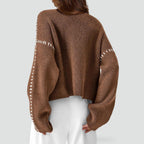 Emilia – Damski Oversized Sweter Casual z Kontrastowym Wykończeniem i Dekoltem w Serek