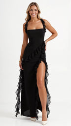 Mirella – Elegancka Sukienka Maxi z Falbankami Wieczorowa