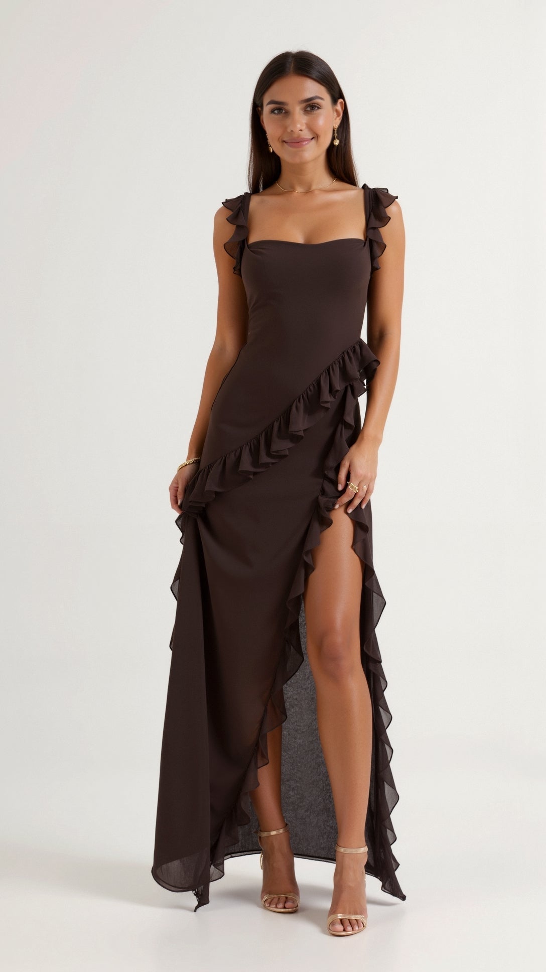 Mirella – Elegancka Sukienka Maxi z Falbankami Wieczorowa