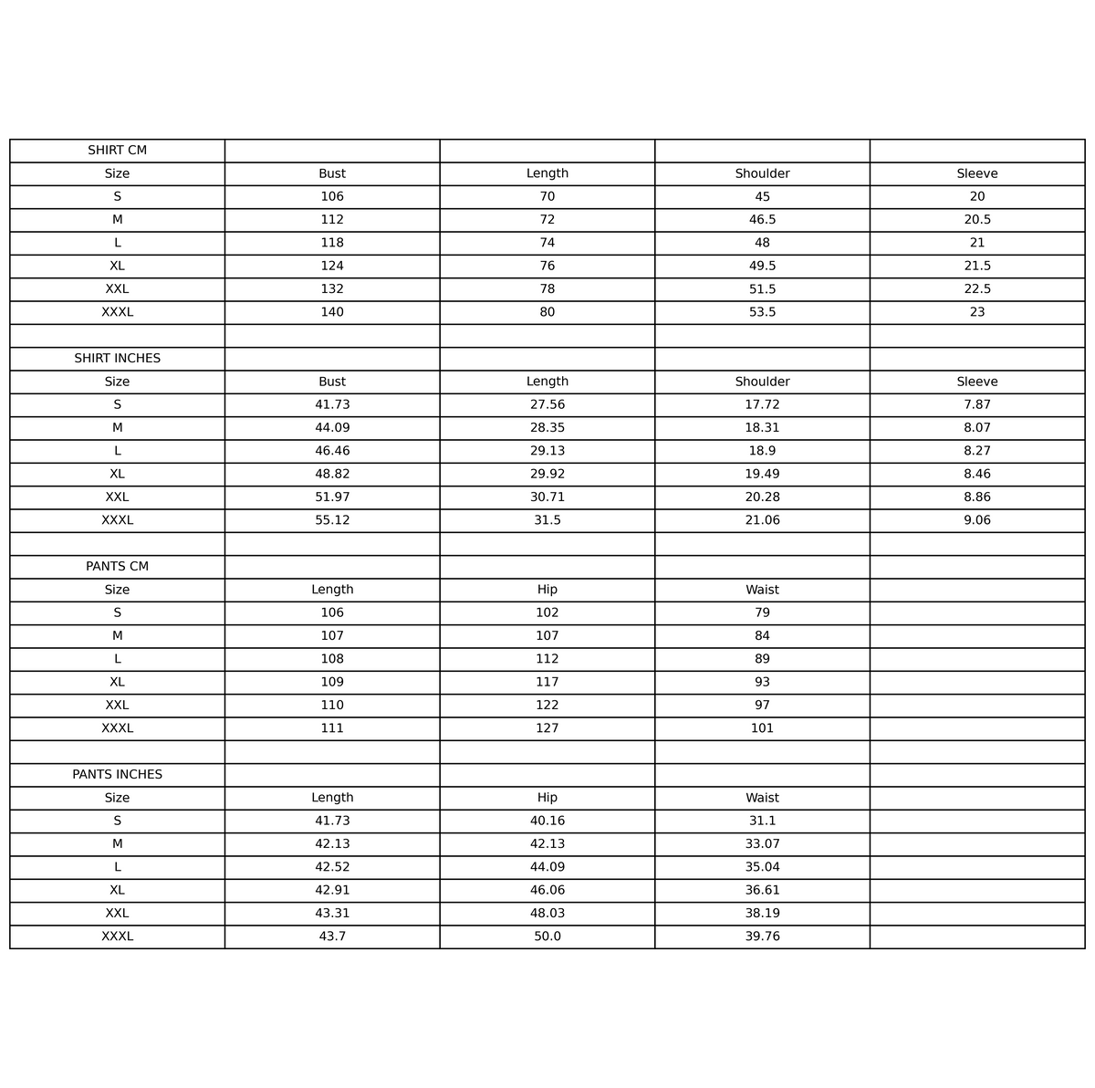 Size chart
