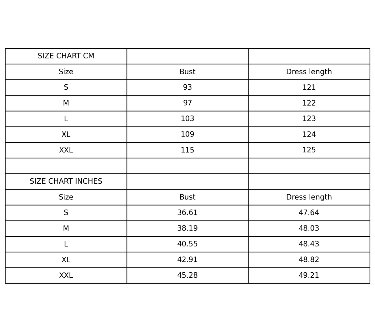 Size chart