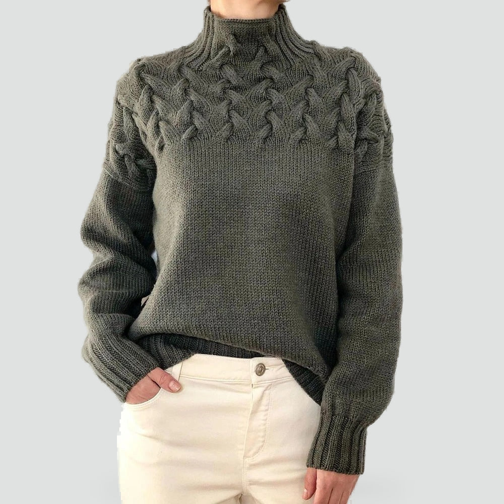 Elodie – Dámský ležérní svetr s copánkovým vzorem a pohodlným rolákem