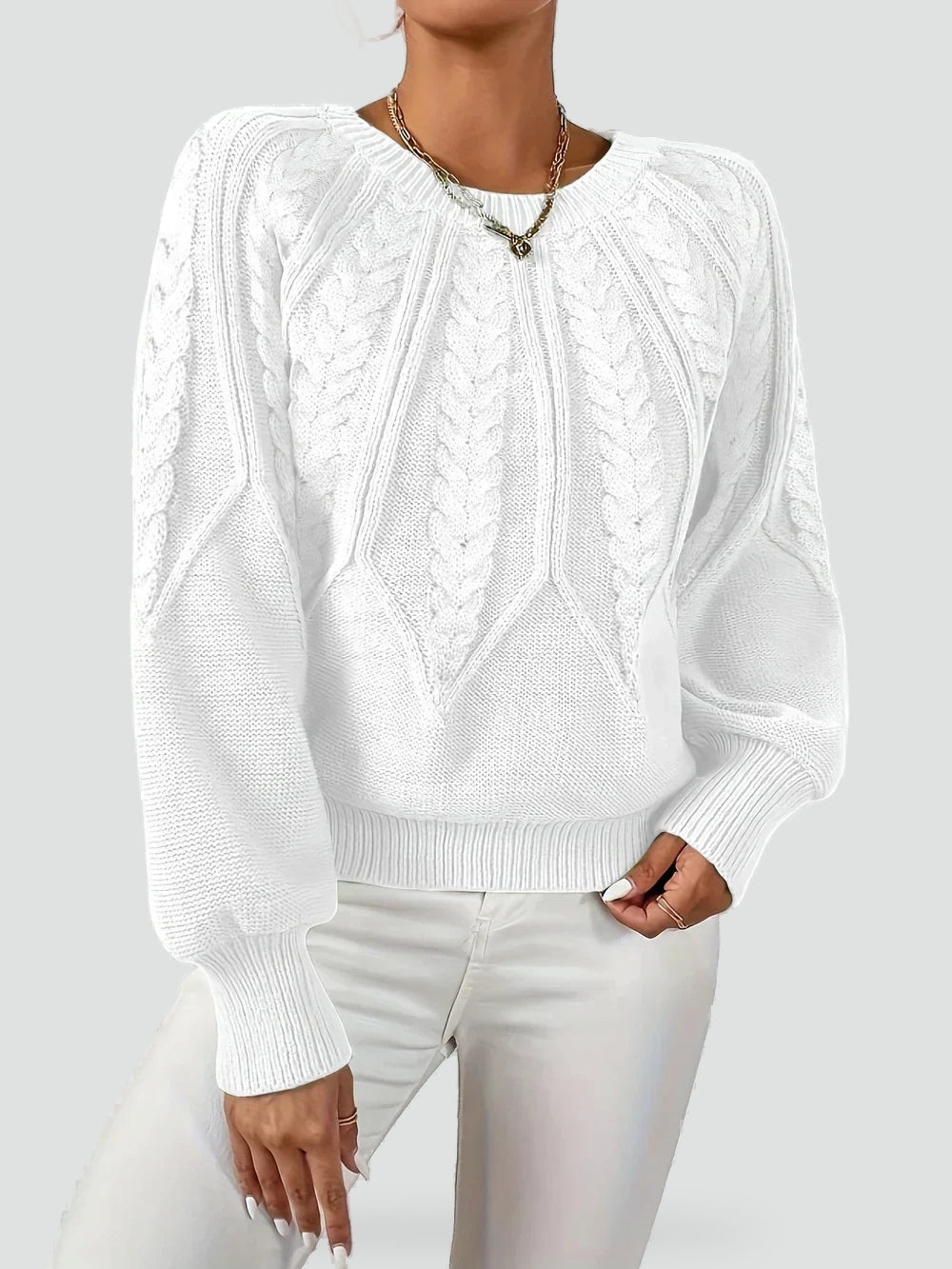 Milena – Damski Sweter Casual z Warkoczowym Wzorem i Okrągłym Dekoltem