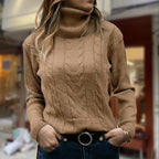 Isadora – Pulover de damă cu guler înalt, mâneci lungi, împletitură tip cablu și finisaje reiate