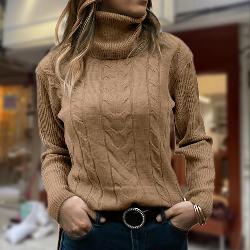 Isadora – Women's Long-Sleeve Cable-Knit Turtleneck Sweater with Ribbed Trims