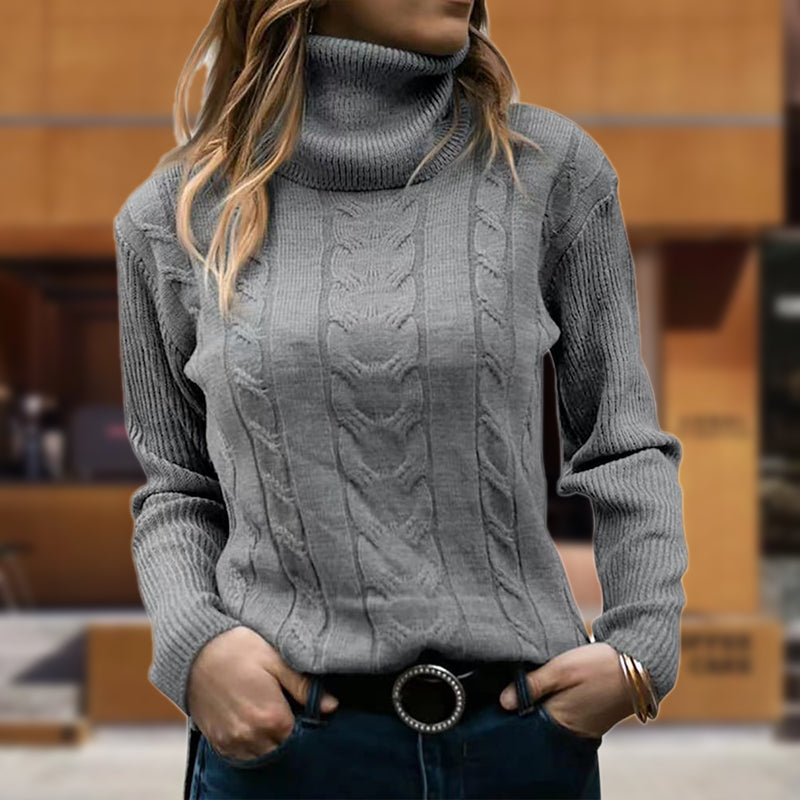 Isadora – Women's Long-Sleeve Cable-Knit Turtleneck Sweater with Ribbed Trims