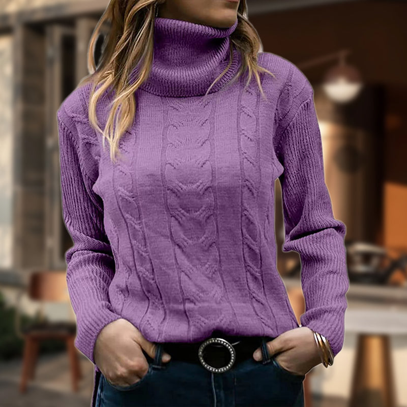 Isadora – Women's Long-Sleeve Cable-Knit Turtleneck Sweater with Ribbed Trims
