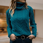 Isadora – Pulover de damă cu guler înalt, mâneci lungi, împletitură tip cablu și finisaje reiate