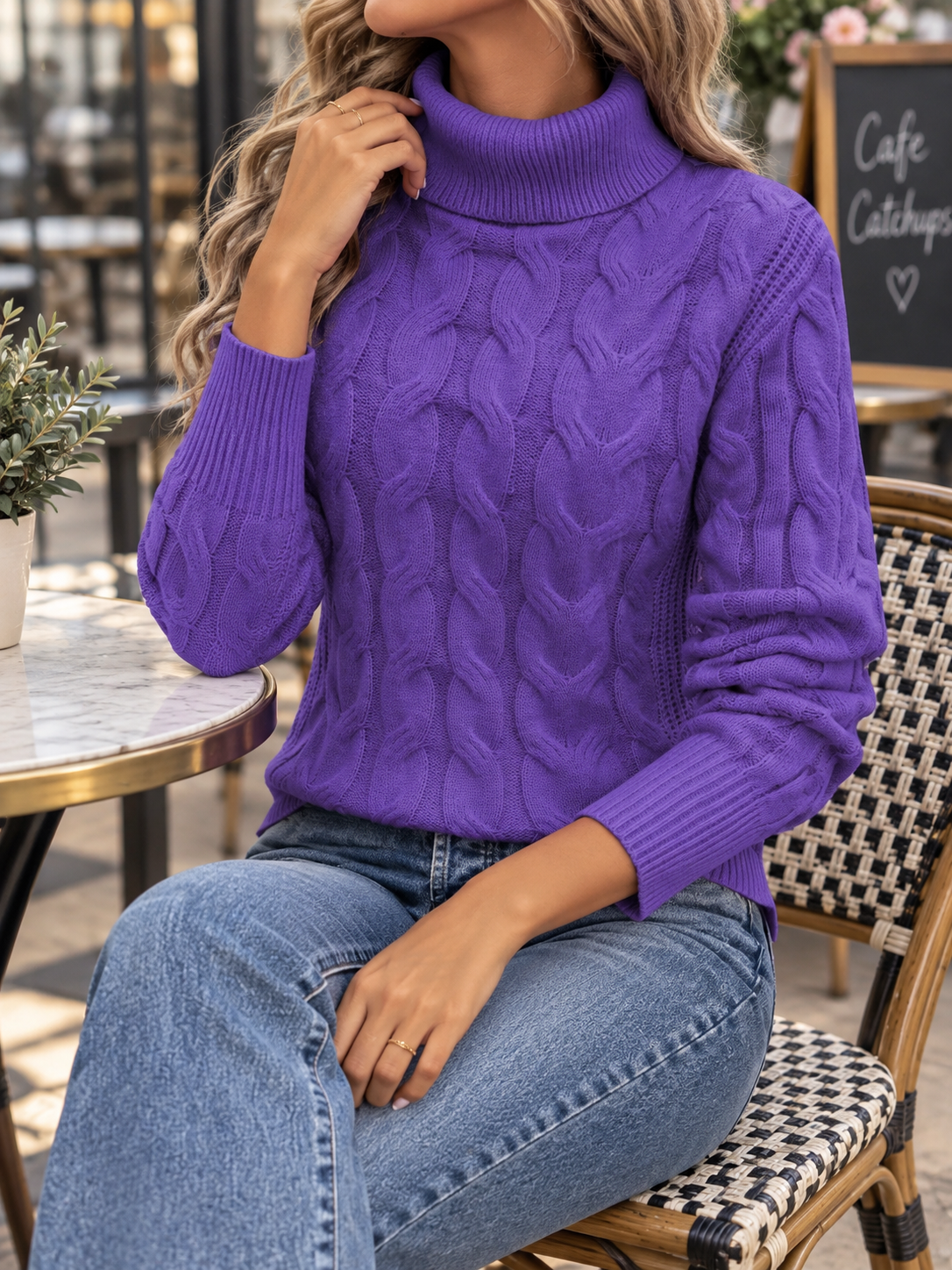 Rosalie – Damski Sweter z Golfem Pleciony w Warkocze z Ribbowanym Wykończeniem